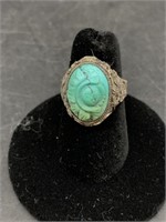Vintage filigree ring, adjustable with carved turq