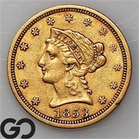 1853 $2.5 Gold Liberty Quarter Eagle AU++ Bid: 625
