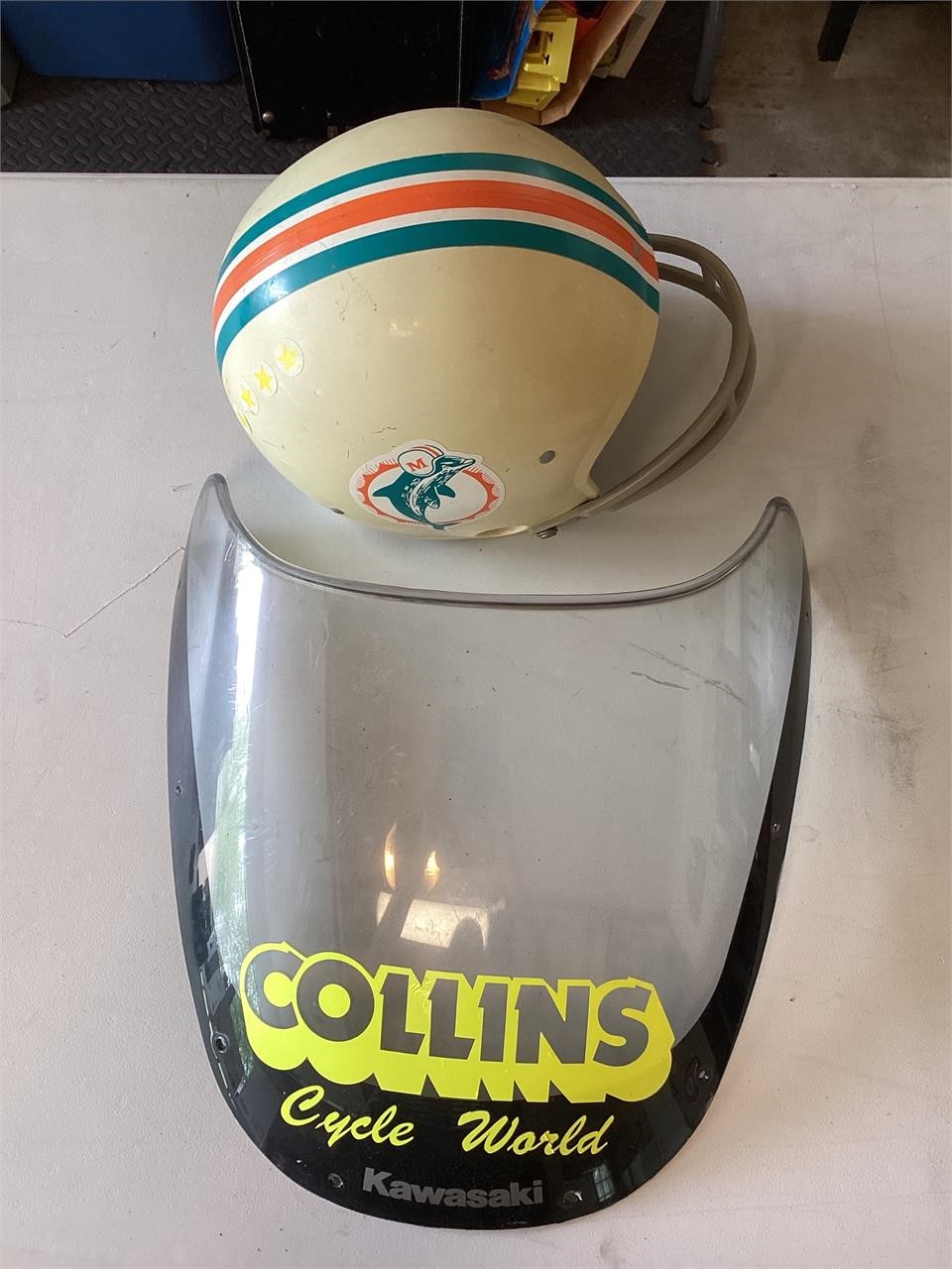 Miami Dolphins helmet, motorcycle windshield