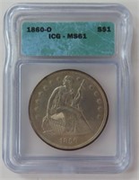 1860-O Seated Liberty Dollar ICG MS61