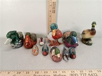 Duck figurines, glass and wood