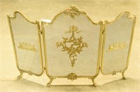 Antique brass tri-fold fire screen with bird