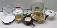 Group of Enamelware: Plates, Kettle, Pots