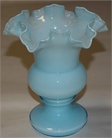 Vtg Fenton Blue Overlay Art Glass Ruffled Vase 6.5