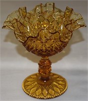 Vtg Fenton Amber OVG Art Glass Compote 6"t