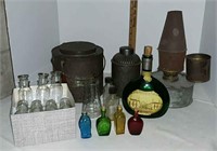 Tin lantern, pail, canteen, 12 herb bottles set