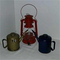 Electric lantern and two vintage Railroad oil cans