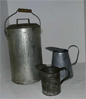 Tin pail with lid, pitcher and measuring cup