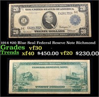 1914 $20 Blue Seal Federal Reseve Note Grades vf++