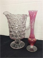 Vintage Water Pitcher & Etched Vase