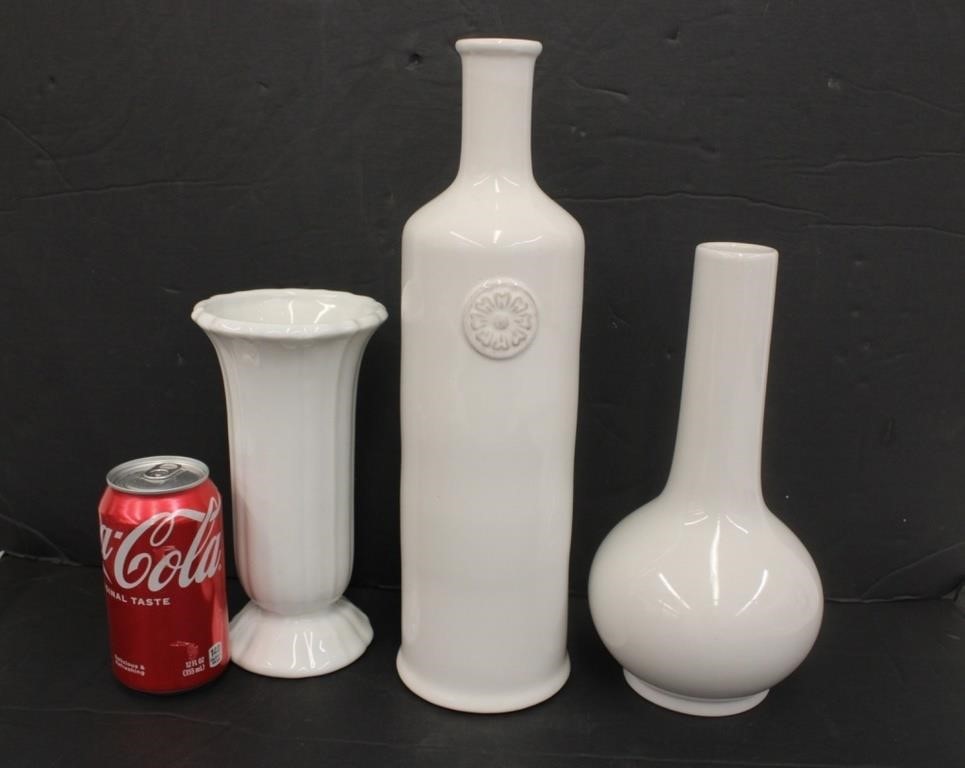 2 White Ceramic Vases & Bottle