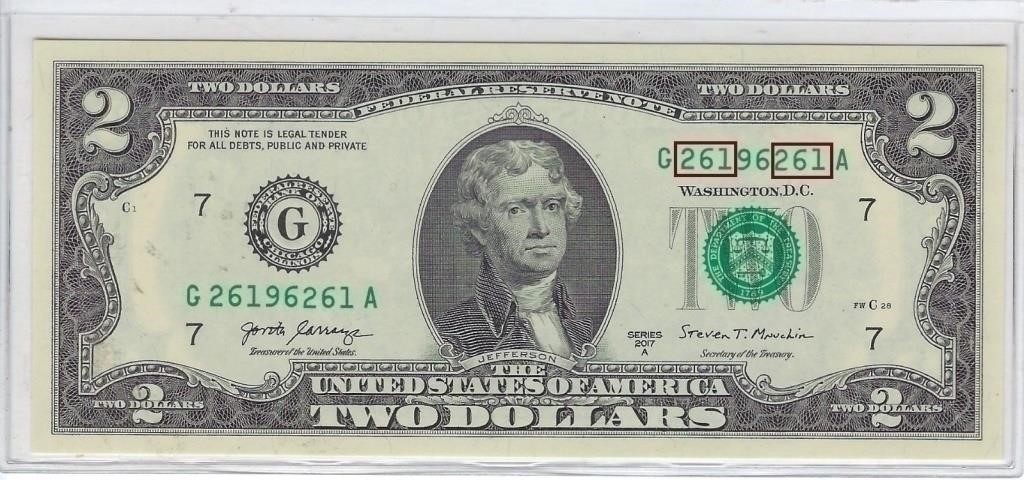 US$2 FRN 7G Fancy SN Bookends 3 digits UNC.FN29?