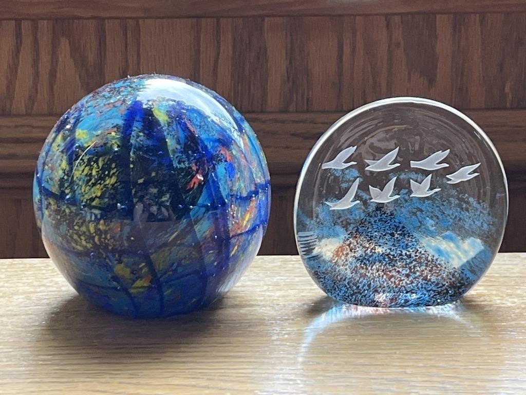 2 Glass Paperweights One Signed & Numbered