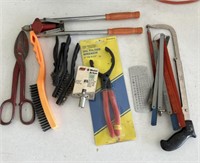 OIL FILTER WRENCH, WIRE BRUSHES HACKSAW AND MORE