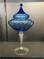 Handblown Blue glass pedestal compote with lid