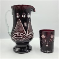 Vintage Bohemian Dark Ruby Red Pitcher & Cup