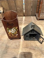 cast iron candle house and wood soap dispensor