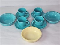10pc Vintage teal Fiesta cups saucers & bowls
