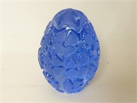 Blue Glass Frosted Floral Egg Shaped Paperweight