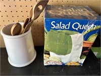 Salad Queen and Cannister with Wood Utensils