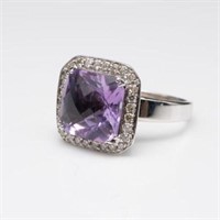 14K White Gold, Amethyst & Diamond Ring.