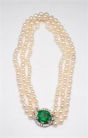 Pearl Necklace w/ 18K, Diamond, Emerald Clasp.