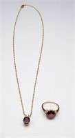 14K Yellow Gold, Diamond & Garnet Ring & Necklace.