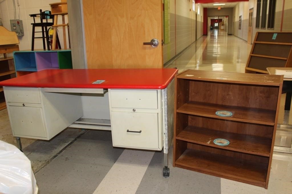 Rolling Teacher Desk and Wooden Bookcase