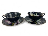 (2) Handpainted Black & Floral Tea Cups