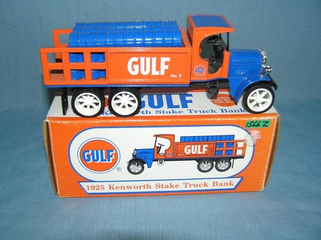 Vintage Gulf cast metal avertising truck bank with