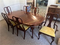 Cherry dining table and 6 chairs with leaf- gold