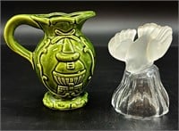 Vtg Green Glazed Pottery Pitcher & Crystal Bird