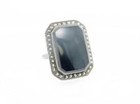Large Art Deco onyx & marquesite set silver ring