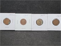 Lot of 4 Indian Head Pennies: 1904, 1905, 1907, &