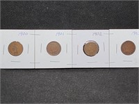 Lot of 4 Indian Head Pennies: 1900, 1901, 1902, &
