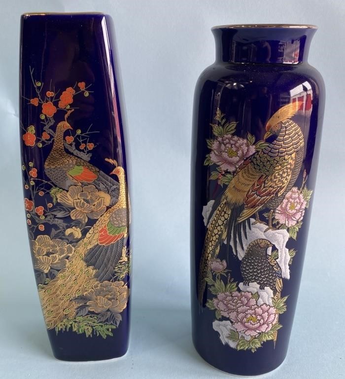 Japanese Cobalt Blue Bird Vase Pair