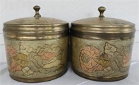 Pair of Gorgeous Hand Painted Brass Canisters