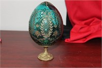 A Gold Gilted Etched Glass Egg on Stand
