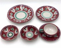 6 Pc Solimene Red Bird Motif Italian CeramicDishes