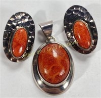 Sterling Silver & Orange Gem Earrings & Pendant