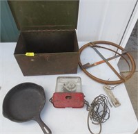 9" Cast iron pan, metal box, misc.