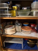 contents of 3 shelves, bowls, fry daddy etc