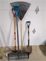 Garden tools, shovel, rake spade etc