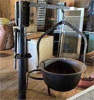 Large Black Iron Kettle w/ Stand & Fire Arm Swing