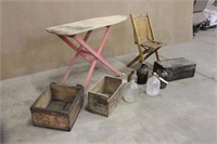 (3) Vintage Wood Boxes W, Glass Jugs,Ironing Board