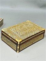 2 wooden inlay trinket boxes
