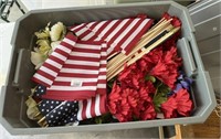 Patriotic flowers & 17 small flags in plastic tote