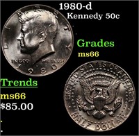 1980-d Kennedy Half Dollar 50c Grades GEM+ Unc