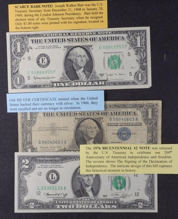 3 Paper Bills: 1963 Barr Note, $2 Bill &