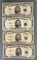 Lot Of 4 - $5 Us Silver Certificates